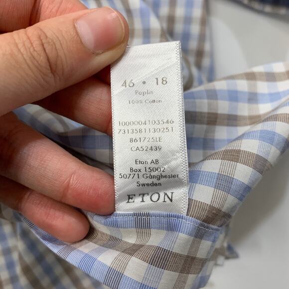 Eton Dress Shirt Mens 18 Brown Blue Gingham Check Contemporary Business Dress - Picture 9 of 11